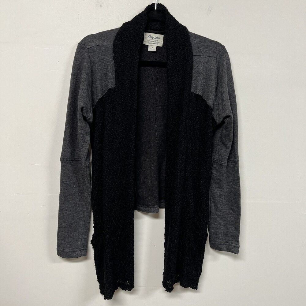 Lucky Brand Lucky Lotus Cardigan S Gray Black Boucle Knit Drape Open Waterfall